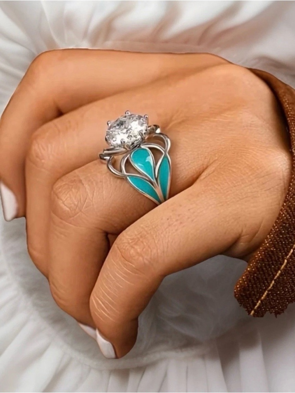 Turquoise Ring Native American Inspired Silver Tone Boho Fashion Jewelry Size 7